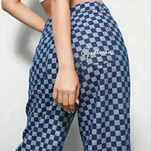 Blue Casual Women's Wide Leg Carpenter Checkboard Jeans - Picture 4 of 4